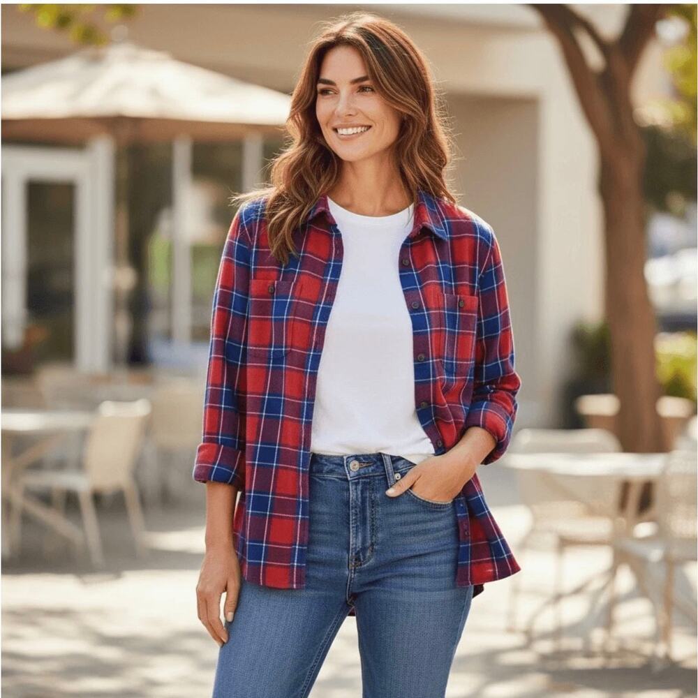 Duluth Trading Co Flannel Button Down Red and Blue Women's Size XL